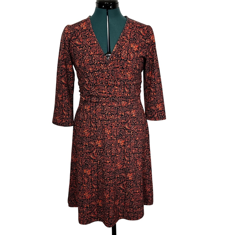 Patagonia Dress Womens Large Black Orange 3/4‎ Sleeve V-Neck Fit & Flare Floral